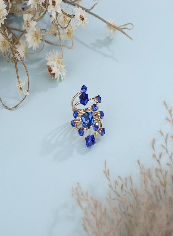 Xerling Cubic Blue Crystal Statement Rhinestones Ring Layered Band Ring Bridal Ring for Wedding Prom Wrap Ring for Women (Blue) - Image 4