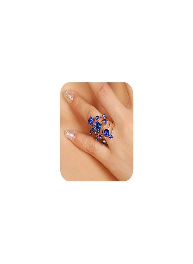 Xerling Cubic Blue Crystal Statement Rhinestones Ring Layered Band Ring Bridal Ring for Wedding Prom Wrap Ring for Women (Blue) - Image 1