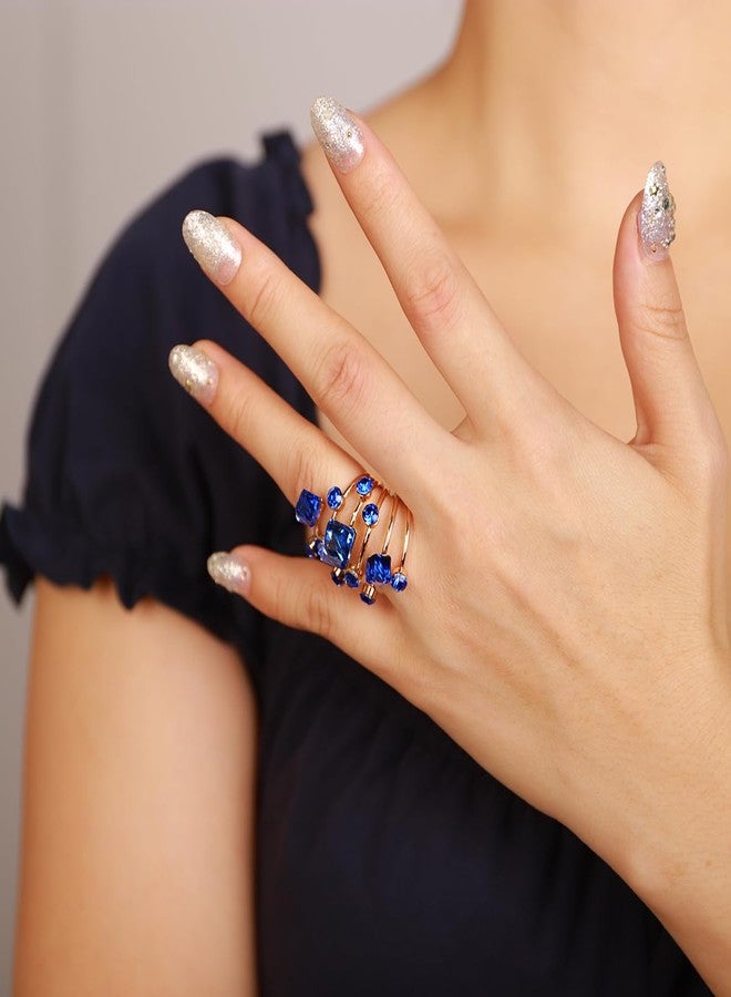 Xerling Cubic Blue Crystal Statement Rhinestones Ring Layered Band Ring Bridal Ring for Wedding Prom Wrap Ring for Women (Blue) - Image 2
