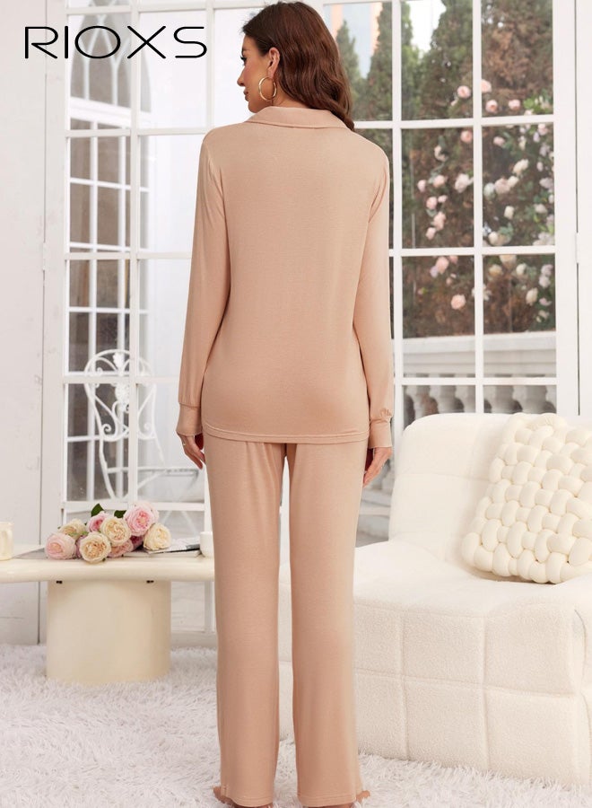 RIOXS Womens Pajamas Set, Solid Long Sleeve Button Down Lapel Shirt and  Elastic Waistband Pants, Soft Breathable Lounge Nightwear Sleepwear Sets with Pockets, for Home Hotel Dormitory Travel, Apricot - Image 3