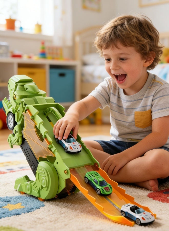 ألعاب ديناصورات 2 في 1، ألعاب شاحنات ديناصورات، لعبة شاحنة سباق سيارات، ناقلة سيارات ديناصور تي-ريكس، لعبة شاحنة نقل ديناصورات المدينة تتحول إلى ديناصور، هدايا ألعاب، مجموعة ألعاب مركبات للأطفال من عمر 3 سنوات فما فوق (4 سيارات) - Image 3