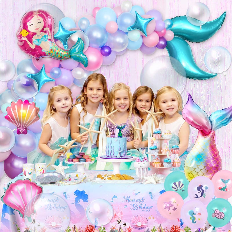 Winrayk Little Mermaid Party Decorations Birthday Supplies Girls, Pink Purple Balloon Arch kit, Backdrop, Tablecloth, Bobo & Tail Shell & Printed Balloons, Princess Theme Mermaid Birthday Decorations - Image 3