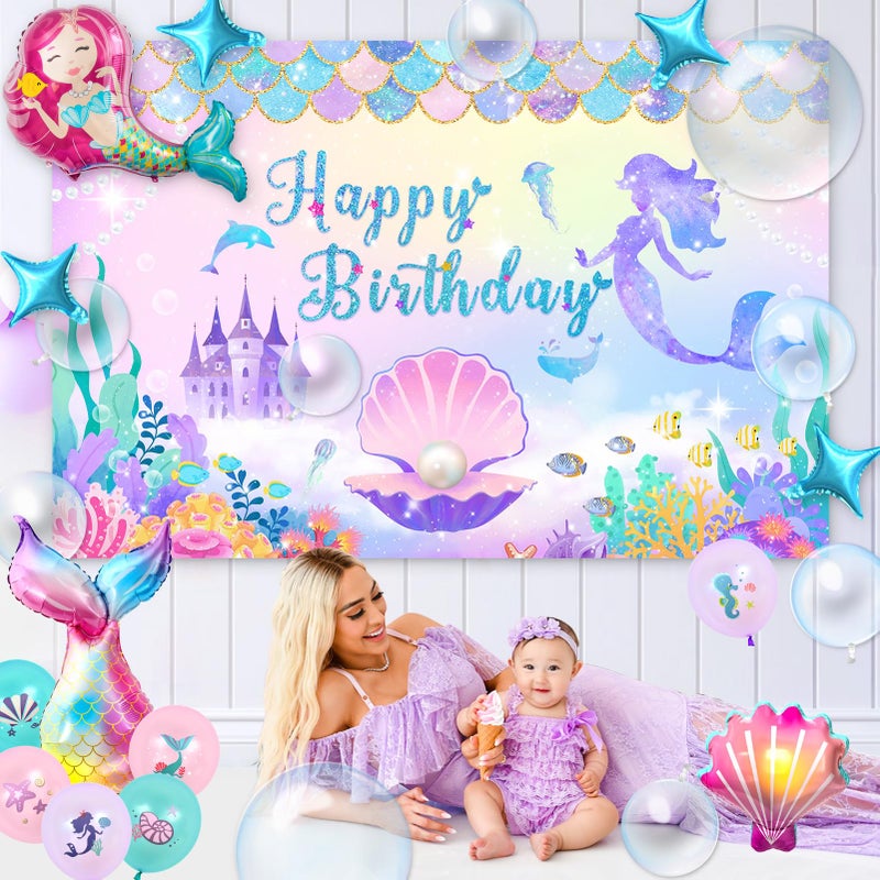 Winrayk Little Mermaid Party Decorations Birthday Supplies Girls, Pink Purple Balloon Arch kit, Backdrop, Tablecloth, Bobo & Tail Shell & Printed Balloons, Princess Theme Mermaid Birthday Decorations - Image 4
