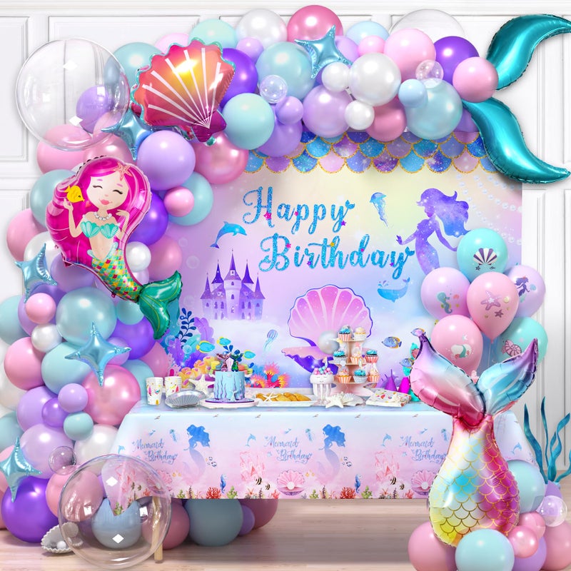 Winrayk Little Mermaid Party Decorations Birthday Supplies Girls, Pink Purple Balloon Arch kit, Backdrop, Tablecloth, Bobo & Tail Shell & Printed Balloons, Princess Theme Mermaid Birthday Decorations - Image 1