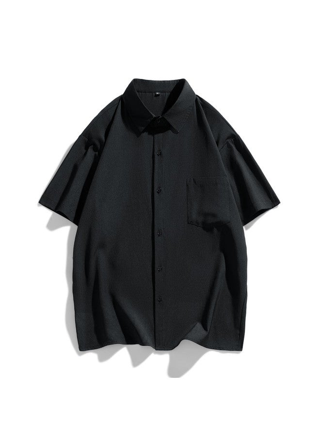 Homlean Men's Style Solid Color Short Sleeve Shirt T-shirt Spring Summer Loose Casual All-match Breathable Clothing Ls01 Black L - Image 5
