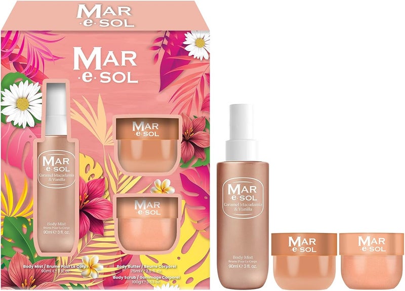 Mar.e.SOL Caramel Macadamia & Vanilla Gift Set – Body Mist 90ml + Scrub 100g + Body Butter 75ml Sweet & Long-Lasting Fragrance Nourishing Care Gift Set for Women - Image 1