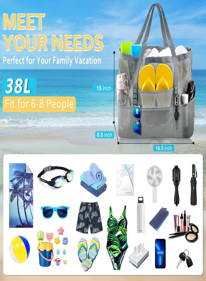 SRISE Mesh Beach Bag - Large Beach Tote Bag for Family Beach Bag for Toys & Vacation Essentials - Grey - Image 2