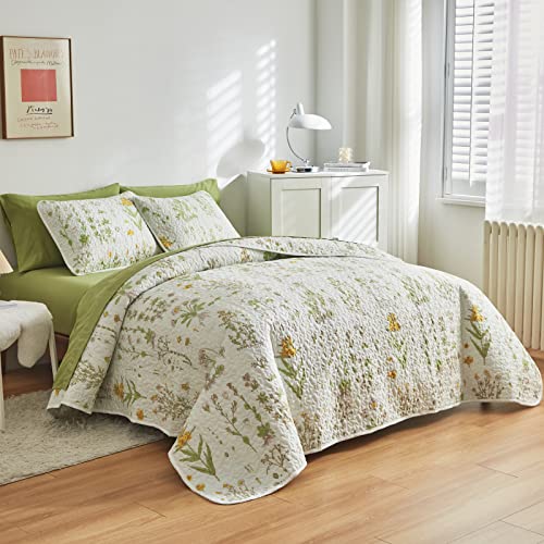 Joyreap 3 Pieces Reversible Quilt Set, Smooth Soft Microfiber Quilt, Yellow Flowers Green Leaves Botanical Design, Bedspread Bed Cover for All Season, 1 Quilt n 2 Pillow Shams (Full/Queen, 90x90) - Image 3
