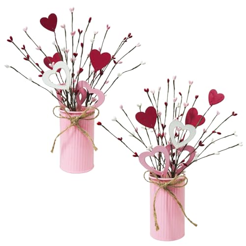 TORONTOKYO 2 Pack Valentine's Day Artificial Potted Plant Heart Shaped Picks with Berries in Vintage Metal Pot for Home Office Table Centerpiece Decor - Image 1