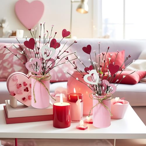 TORONTOKYO 2 Pack Valentine's Day Artificial Potted Plant Heart Shaped Picks with Berries in Vintage Metal Pot for Home Office Table Centerpiece Decor - Image 4