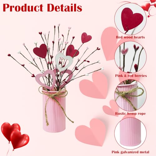 TORONTOKYO 2 Pack Valentine's Day Artificial Potted Plant Heart Shaped Picks with Berries in Vintage Metal Pot for Home Office Table Centerpiece Decor - Image 3