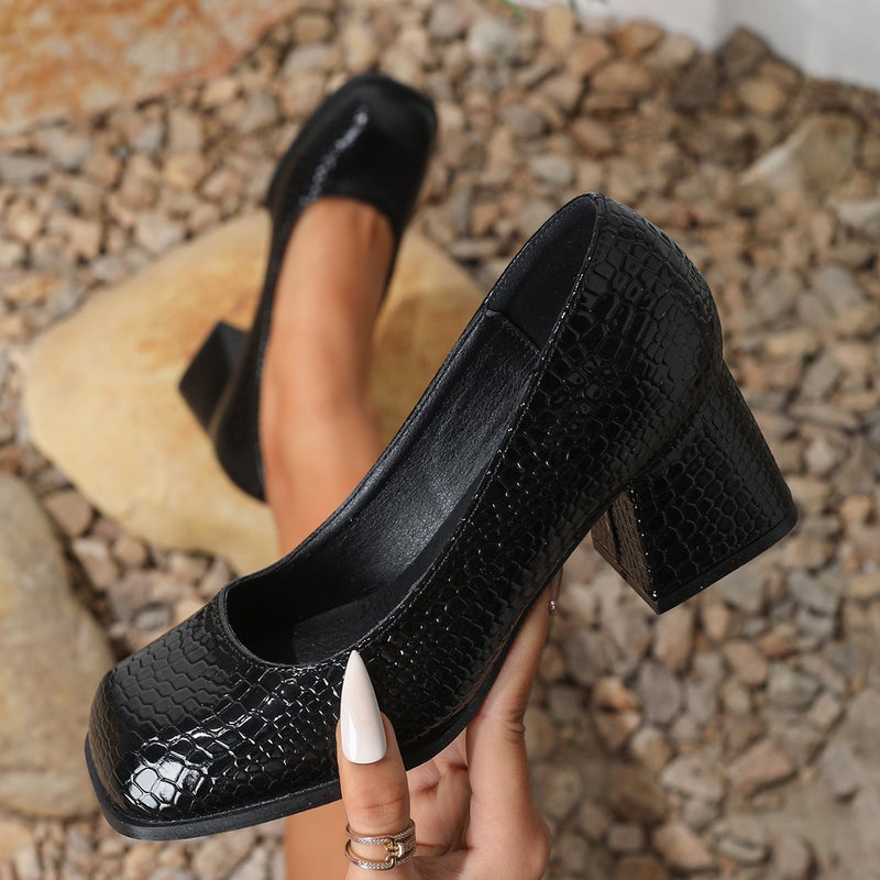 أحذية نسائية مريحة ذات رأس مربع كعب سميك كعب عالٍ أحذية عمل سوداء - Image 3