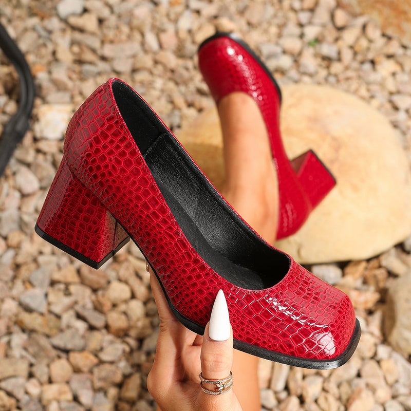 أحذية نسائية مريحة ذات رأس مربع كعب سميك كعب عالٍ أحذية عمل سوداء - Image 2