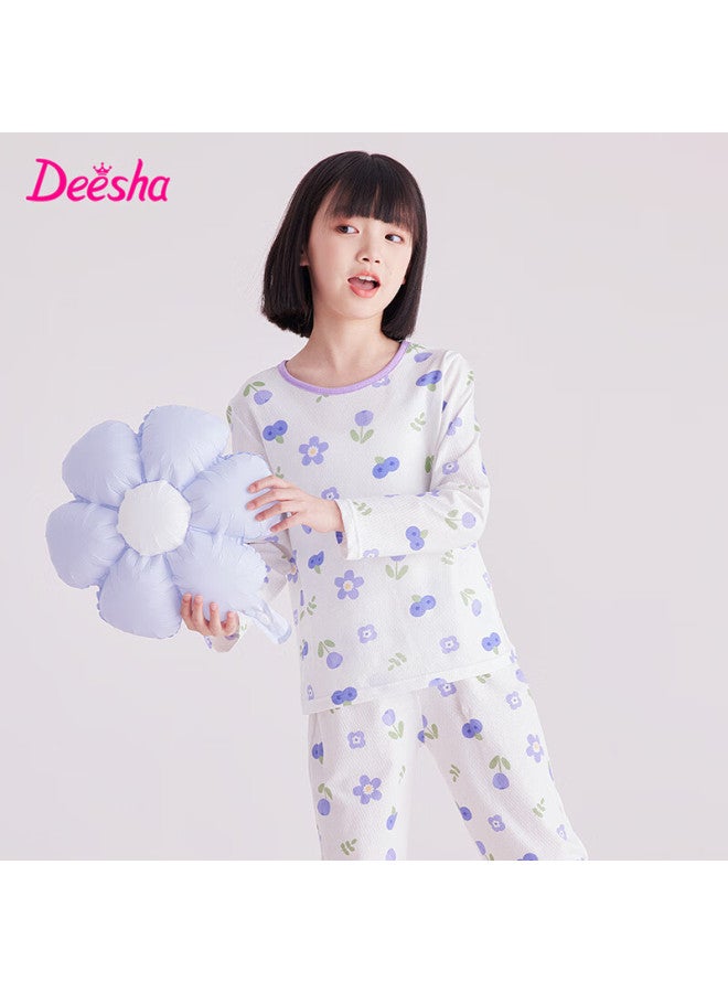 Deesha Girls' Antibacterial Pure Cotton All-season Base Layer Pajamas, Mesh Breathable Air Conditioning Wear, Home Wear Set For Older Childre - Image 3