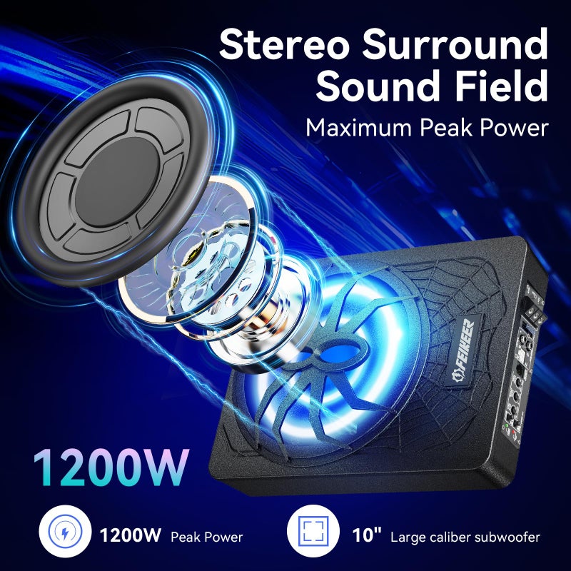 Feikeer 2026 10" 1200W UnderSeat Car Subwoofer, with Multicolor LED Lighting, Deep Bass Enhancement. Subwoofer and Amp Package for a Dynamic Driving Experience with Bass Melodies - Image 2