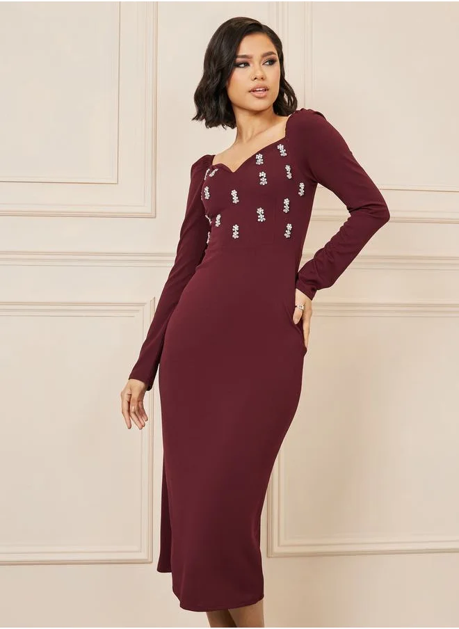 ستايلي Embellished Sweetheart Neck Bodycon Midi Dress