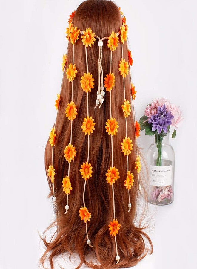 WLBON Sunflower Headband with Daisy, Hippie Boho Tassel Bohemian Floral Beads, Halloween Hair Hoop Women's Crown Hairband Party Decoration Cosplay Costume Headpiece Accessories - Orange - Image 2