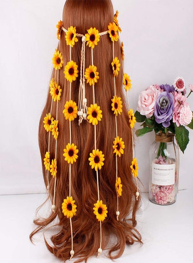 WLBON Sunflower Headband with Daisy, Hippie Boho Tassel Bohemian Floral Beads, Halloween Hair Hoop Women's Crown Hairband Party Decoration Cosplay Costume Headpiece Accessories - Orange - Image 3