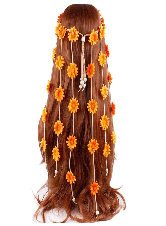 WLBON Sunflower Headband with Daisy, Hippie Boho Tassel Bohemian Floral Beads, Halloween Hair Hoop Women's Crown Hairband Party Decoration Cosplay Costume Headpiece Accessories - Orange - Image 1