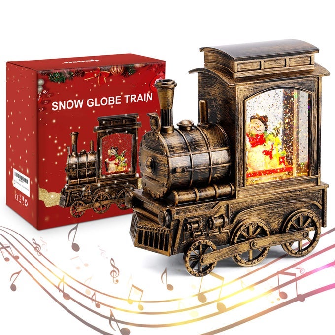 CHRISTMAS SNOW GLOBE LANTERN TRAIN WITH WATER SWIRLING GLITTER MUSICAL AND LIGHTED 6 HOURS TIMER USB POWERED BATTERY OPERATED MUSIC BOX FOR CHRISTMAS HOME DECORATION GIFT SNOWMAN SCENE
