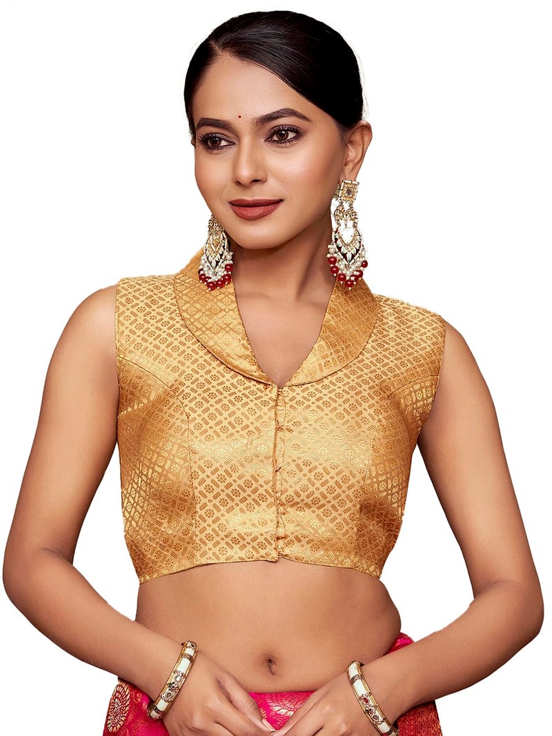 Vardha Women's Brocade Sleeveless Padded Saree Blouse for Women with Collar Neck (Chikoo) - Image 5