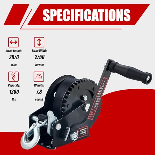 TYT 1200LB Boat Trailer Strap Winch with 8M Black Rope, Standard Mounting Hole Crank Hand Winch with Hook, Two Way Ratchet Manual Gear Winch for Towing Pulling Boat Trailer Truck RV ATV Jet Ski Winch - Image 2
