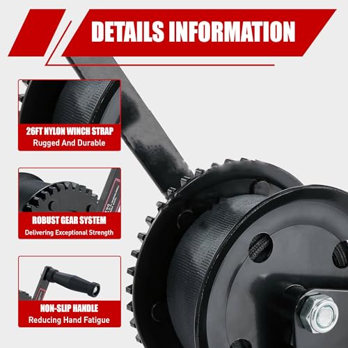 TYT 1200LB Boat Trailer Strap Winch with 8M Black Rope, Standard Mounting Hole Crank Hand Winch with Hook, Two Way Ratchet Manual Gear Winch for Towing Pulling Boat Trailer Truck RV ATV Jet Ski Winch - Image 3