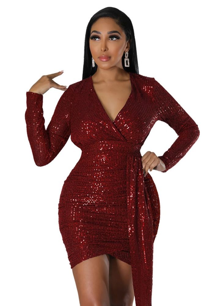 Loquat Women's New Bag Hip Skirt Deep V Sequin Long-sleeved Dress