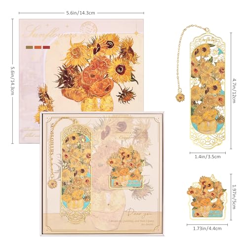 emmoolife Luxury Metal Bookmark & Book Clip Gift Set, Oil Painting Themed Sunflowers, 1 Bookmark with Pendant + 1 Book Clip, Elegant Christmas New Year Gift Box for Women Book Lovers Writers Readers Teens - Image 2