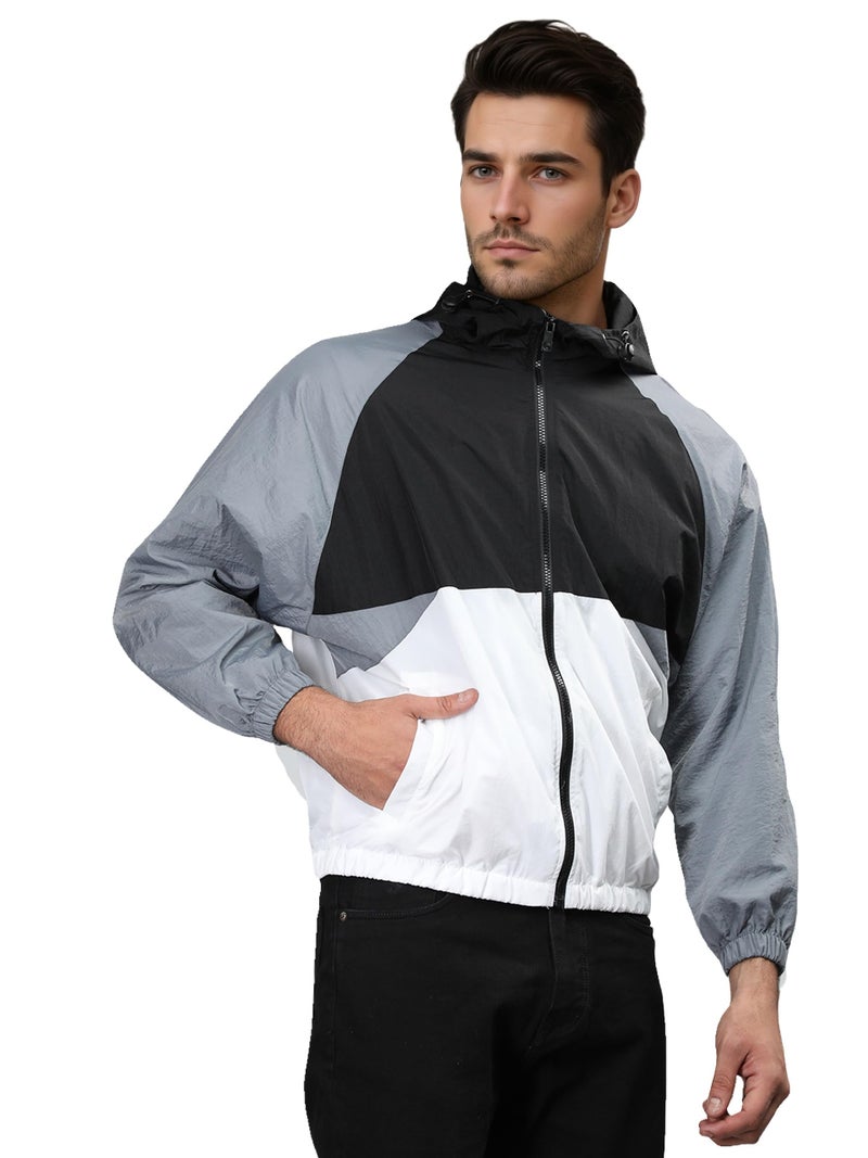 CHKOKKO Mens Polyester Stylish Oversized Windcheater Jacket with Zip Closure Lightweight Sportswear for Running Travel Hiking Outdoor and Rainy Season Wear Blackwhitegrey S Standard Length - Image 1
