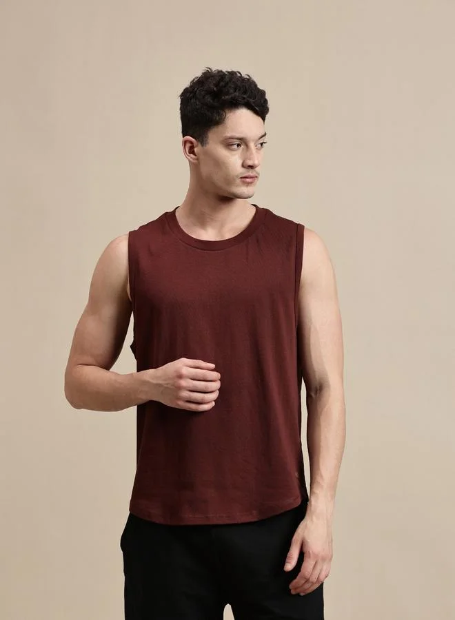 ECOLORE Men Burgundy Solid 100% Cotton Comfort Fit Tank