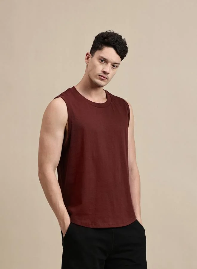 ECOLORE Men Burgundy Solid 100% Cotton Comfort Fit Tank