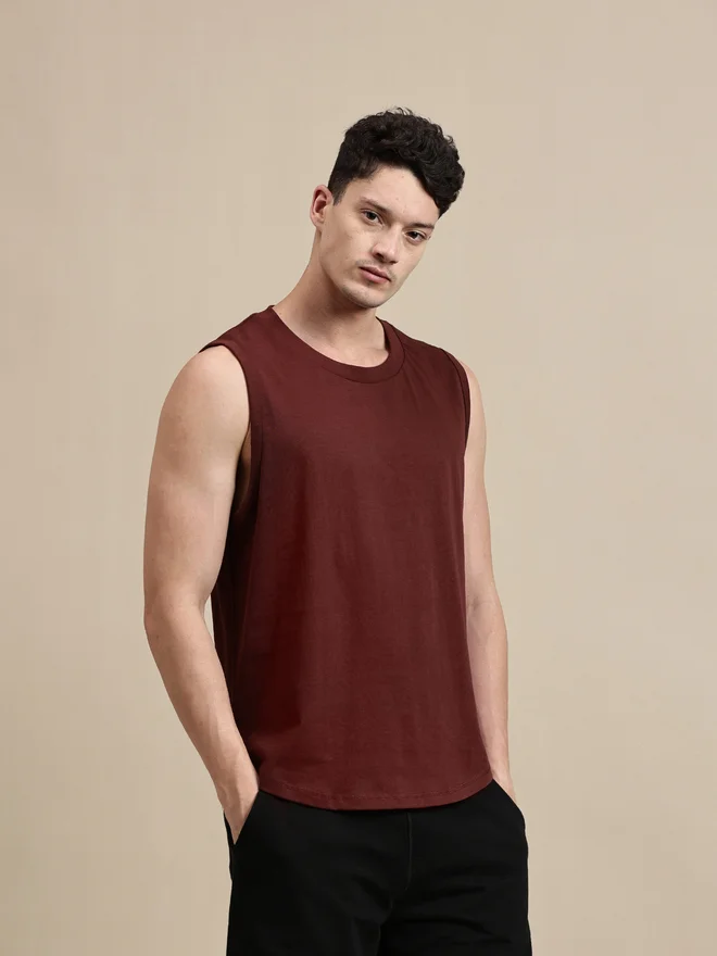 ECOLORE Men Burgundy Solid 100% Cotton Comfort Fit Tank