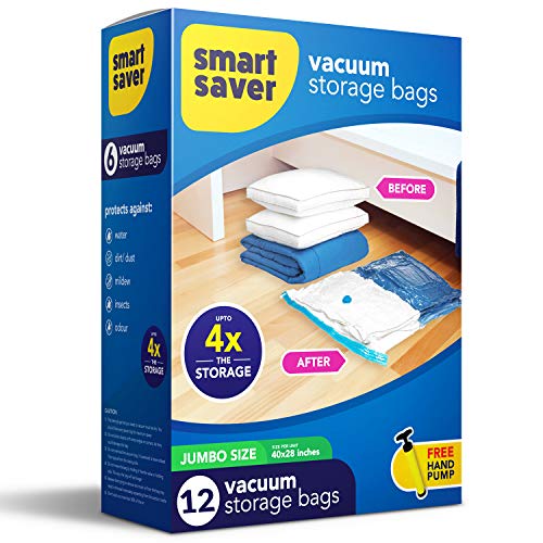 Smart Saver Space Saving Organizer For Home - 12 Vacuum Storage Bags Jumbo(70X100) Cm Reusable Ziplock Space Saver Bags For Clothes Comforters Blankets Pillows Bedding Packing, Plastic, White - Image 1