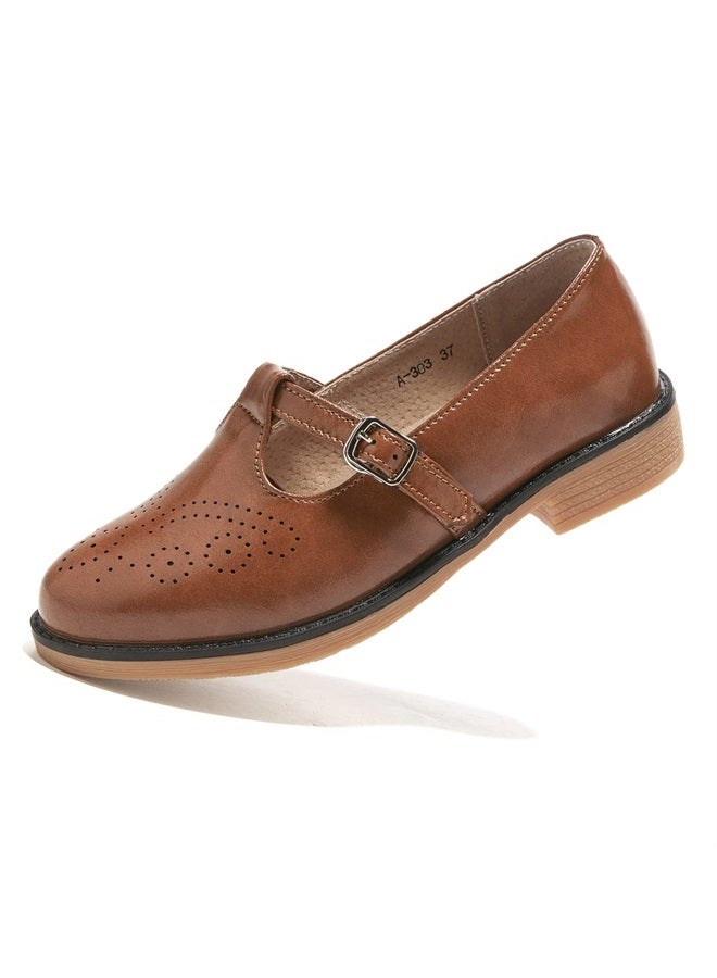 TRULAND Women's Leather Mary Jane Oxfords Shoes - Slip On T-Strap Loafers Casual Closed Toe Dressy Flats Shoes for Office Work (9,Brown MJ) - Image 1