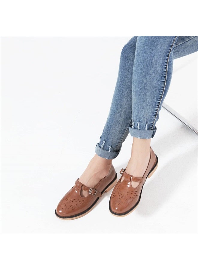 TRULAND Women's Leather Mary Jane Oxfords Shoes - Slip On T-Strap Loafers Casual Closed Toe Dressy Flats Shoes for Office Work (9,Brown MJ) - Image 4