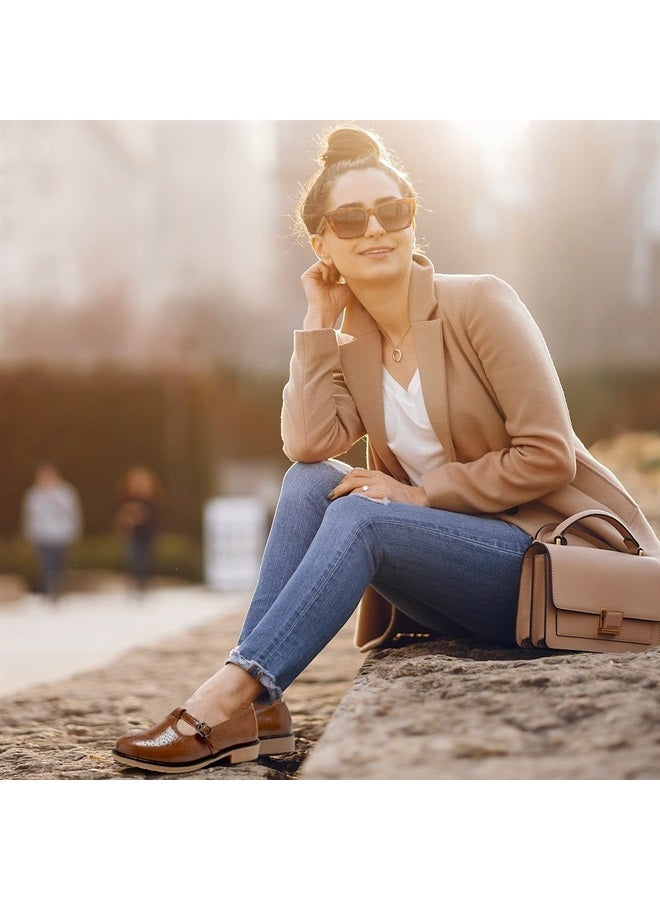 TRULAND Women's Leather Mary Jane Oxfords Shoes - Slip On T-Strap Loafers Casual Closed Toe Dressy Flats Shoes for Office Work (9,Brown MJ) - Image 5