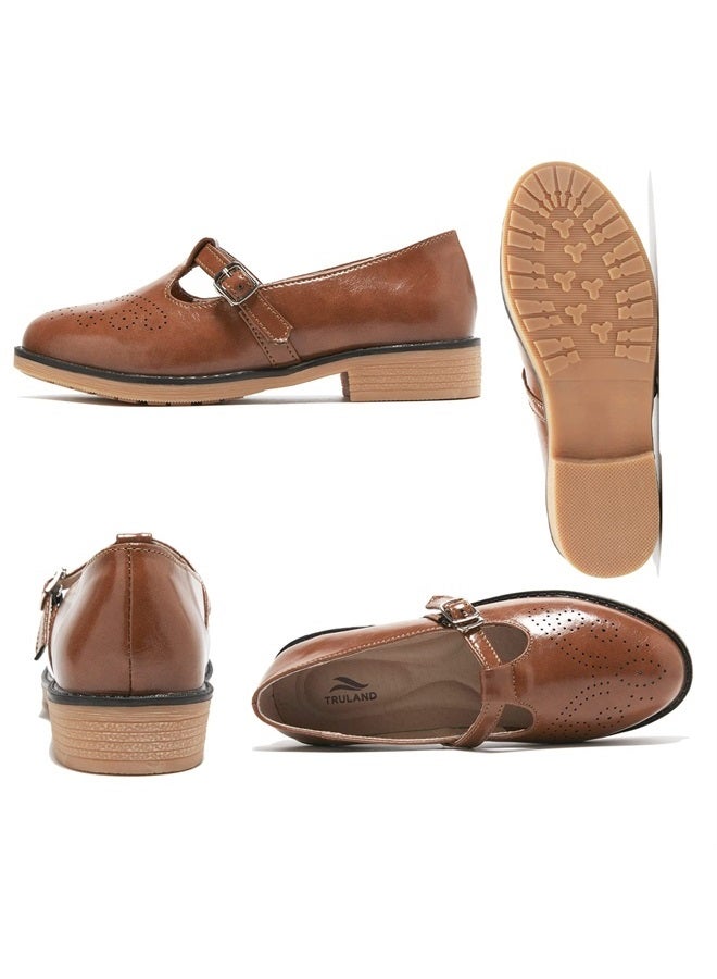 TRULAND Women's Leather Mary Jane Oxfords Shoes - Slip On T-Strap Loafers Casual Closed Toe Dressy Flats Shoes for Office Work (9,Brown MJ) - Image 2