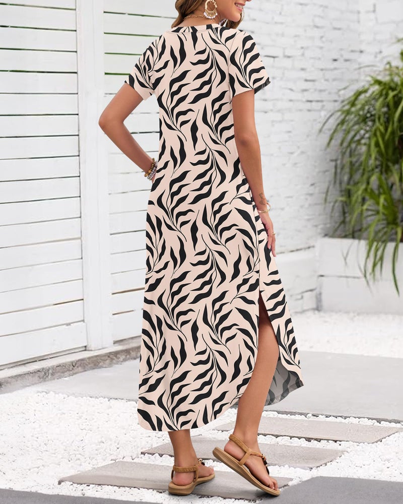 MISFAY Women's Summer Casual Maxi Dress 2026 Short Sleeves V Neck Loose Sundress Split Long Beach T Shirt Dress Vacation Outfits(Apricot Black Leaf,S) - Image 3