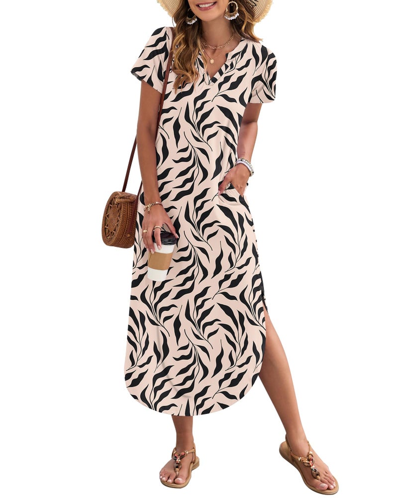 MISFAY Women's Summer Casual Maxi Dress 2026 Short Sleeves V Neck Loose Sundress Split Long Beach T Shirt Dress Vacation Outfits(Apricot Black Leaf,S) - Image 1