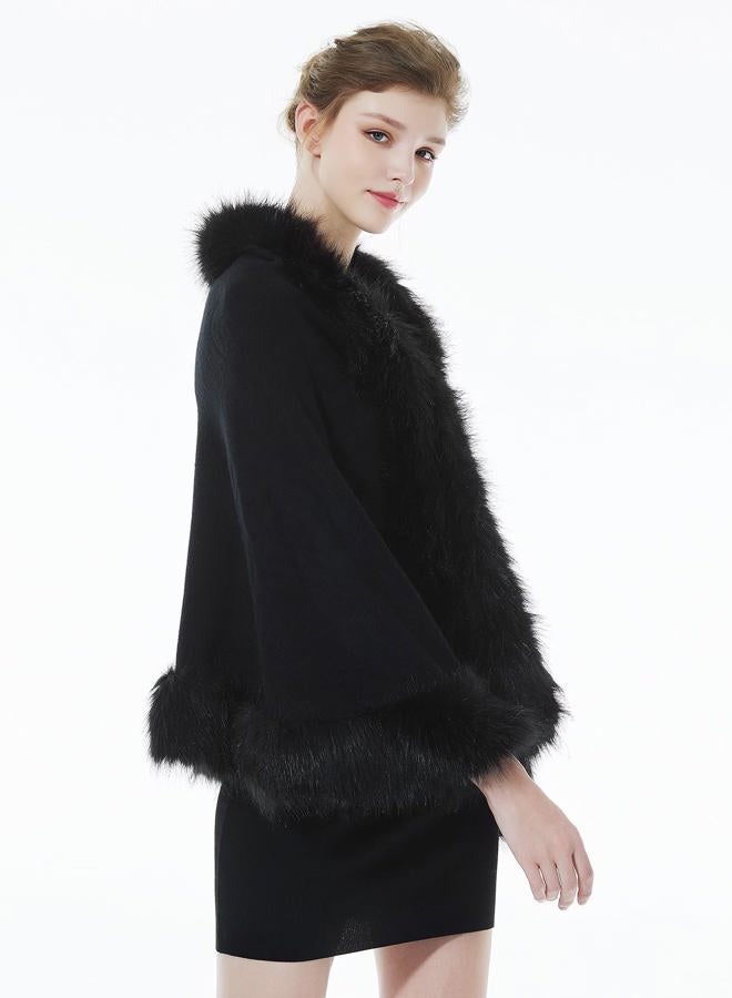 BEAUTELICATE Faux Fur Shawl Wrap Stole Shrug Bridal Winter Wedding with Hook,Black,One Size - Image 2