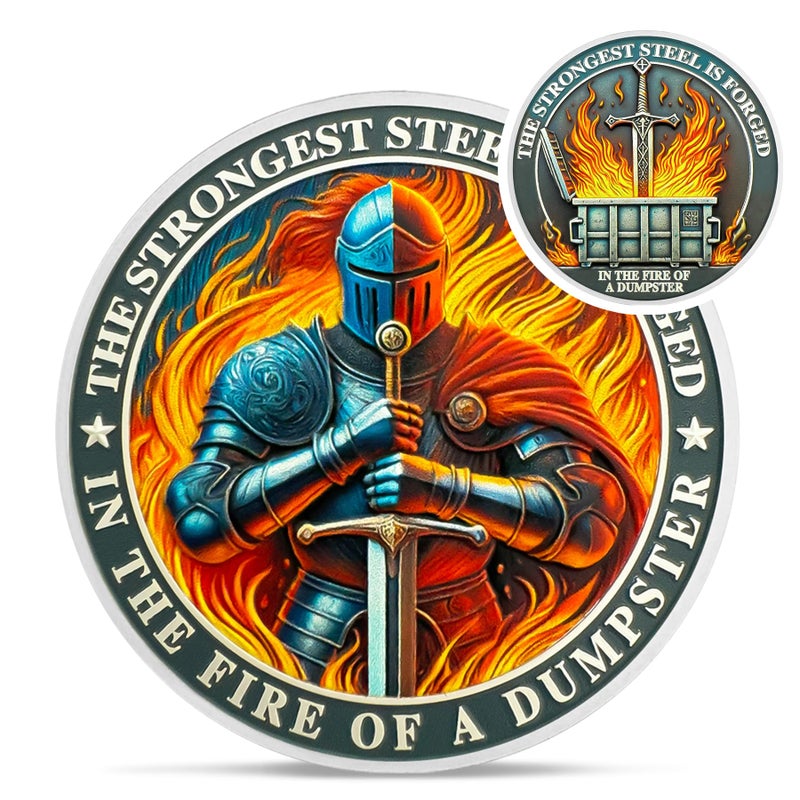 IELCJJ Knight Dumpster Fire Challenge Coin - The Strongest Steel is Forged Dumpster Fire Coin - Funny Desk Accessories for Work - Hilarious Coworker Go Away Token - Inspirational Gifts for Men Women Teacher - Image 1