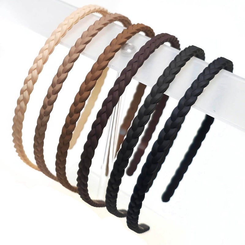Springtime Thin Braided Plastic Headbands, Black Brown Beige Ivory, 6 Pack with Inner Teeth,6mm Pigtail Fashion Hair Accessories for Girls,Women, Teen and Adult - Image 1