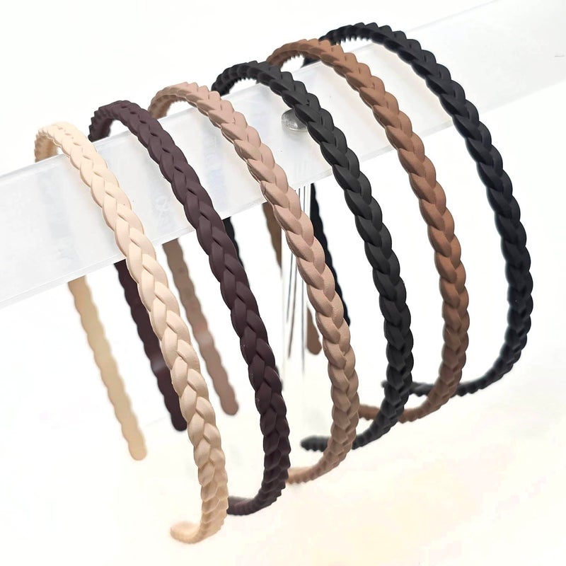 Springtime Thin Braided Plastic Headbands, Black Brown Beige Ivory, 6 Pack with Inner Teeth,6mm Pigtail Fashion Hair Accessories for Girls,Women, Teen and Adult - Image 5