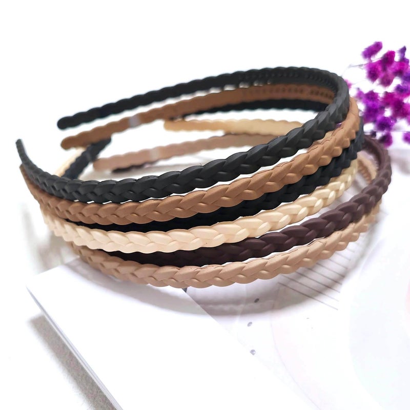 Springtime Thin Braided Plastic Headbands, Black Brown Beige Ivory, 6 Pack with Inner Teeth,6mm Pigtail Fashion Hair Accessories for Girls,Women, Teen and Adult - Image 2
