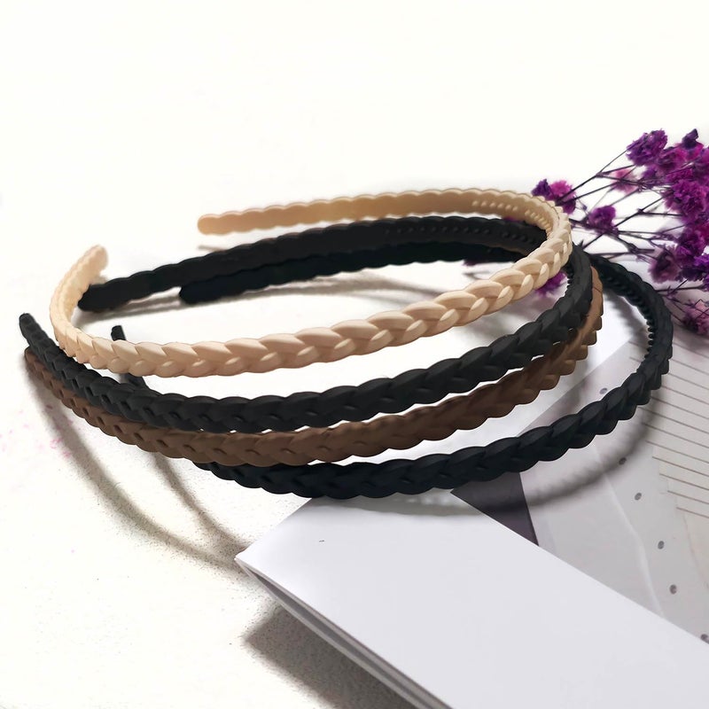 Springtime Thin Braided Plastic Headbands, Black Brown Beige Ivory, 6 Pack with Inner Teeth,6mm Pigtail Fashion Hair Accessories for Girls,Women, Teen and Adult - Image 4