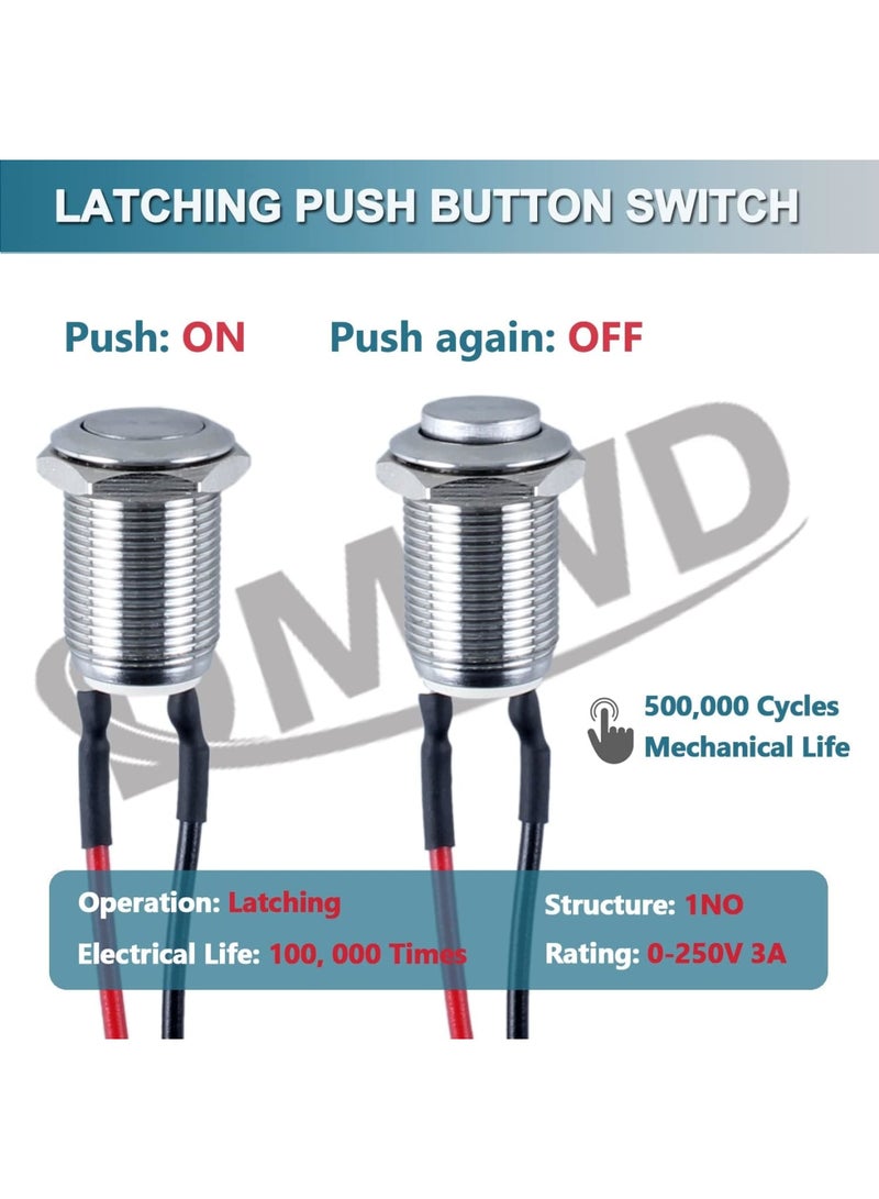SOLARAE Momentary Switch, Latching Push, 5 Pcs High Round Head Button Switch, Waterproof Metal Air Horn Push Button, with Pre-soldered Cable Stainless Steel 1NO 12V 24V 36V IP66 Without LED (Silver) - Image 3
