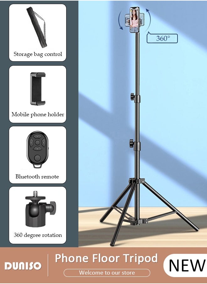 DUNISO Portable Phone Floor Tripod Stand, Retractable Adjustable Cell Phone Tall Tripod Stand, Phone Selfie Stick Tripod with Remote Control, Rotate Phone Holder with Storage Bag, Sturdy Floor Stand  for Video Recording Live Streaming  - Image 1