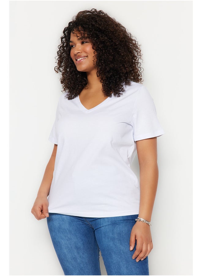 trendyol - White V-Neck Basic Knitted T-Shirt TBBSS22BF0028 - Image 1
