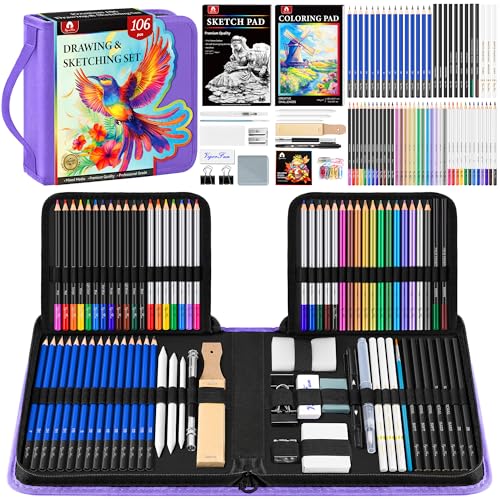 106 قطعة مجموعة أدوات الفن مجموعة رسم احترافية أقلام رسم مع دفتر رسم 3 ألوان كتاب تلوين أقلام جرافيت ملونة فحم مائي أقلام معدنية أدوات الرسم هدايا للفنانين البالغين والأطفال